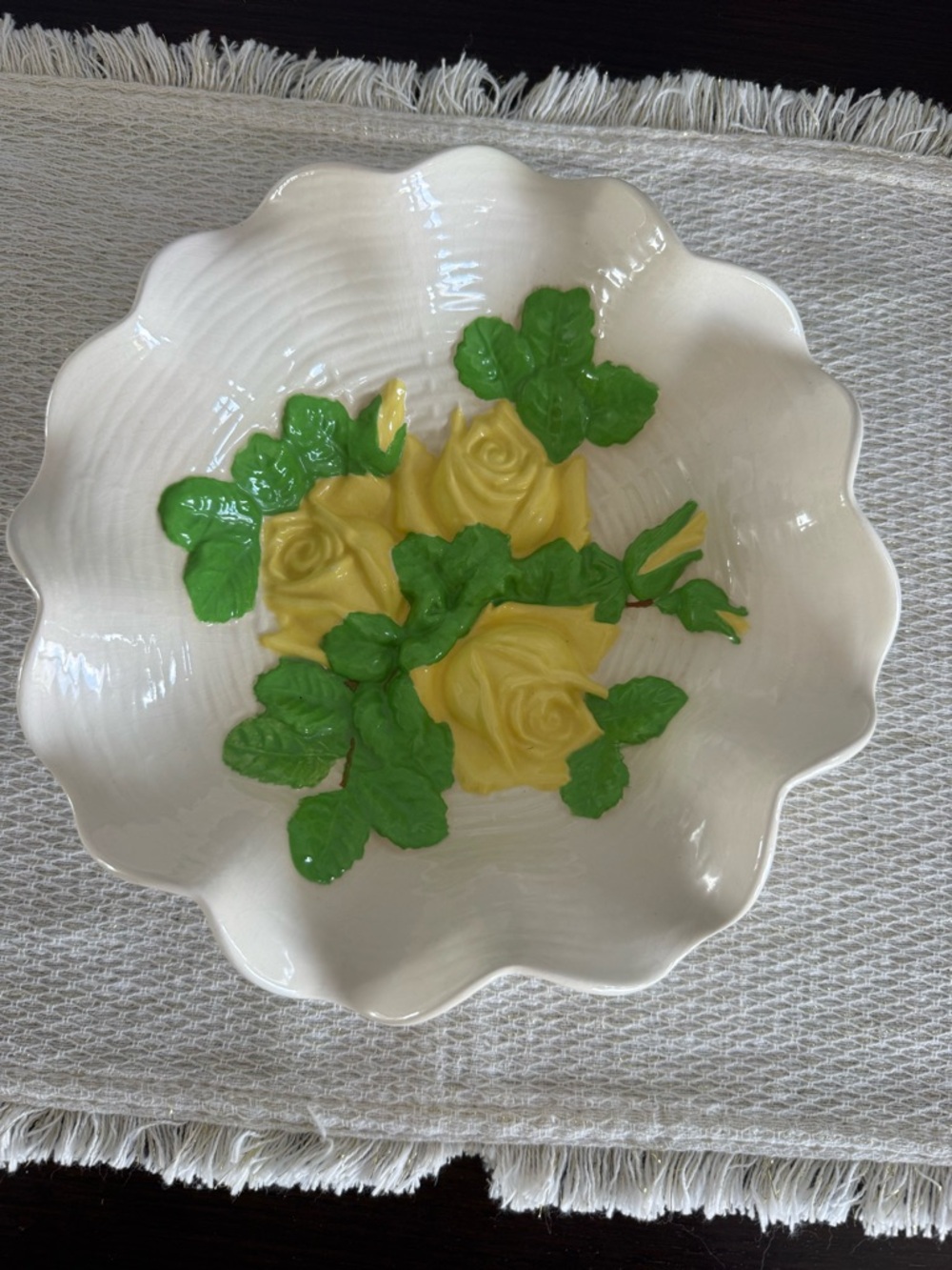 Vintage Hull Art Pottery Yellow Rose Ruffled Fluted Bowl Basketweave Texture 70s
